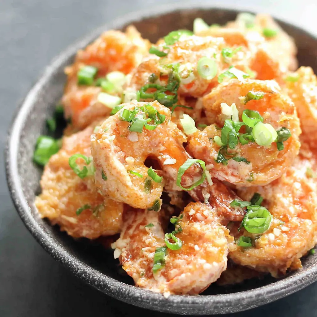 A bowl of shrimp with green onions.