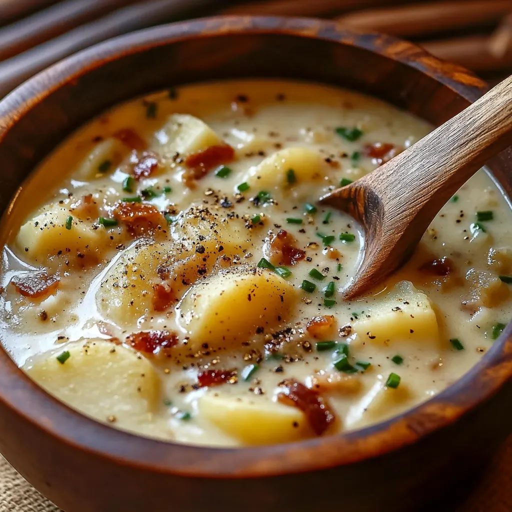 A wooden bowl filled with soup.