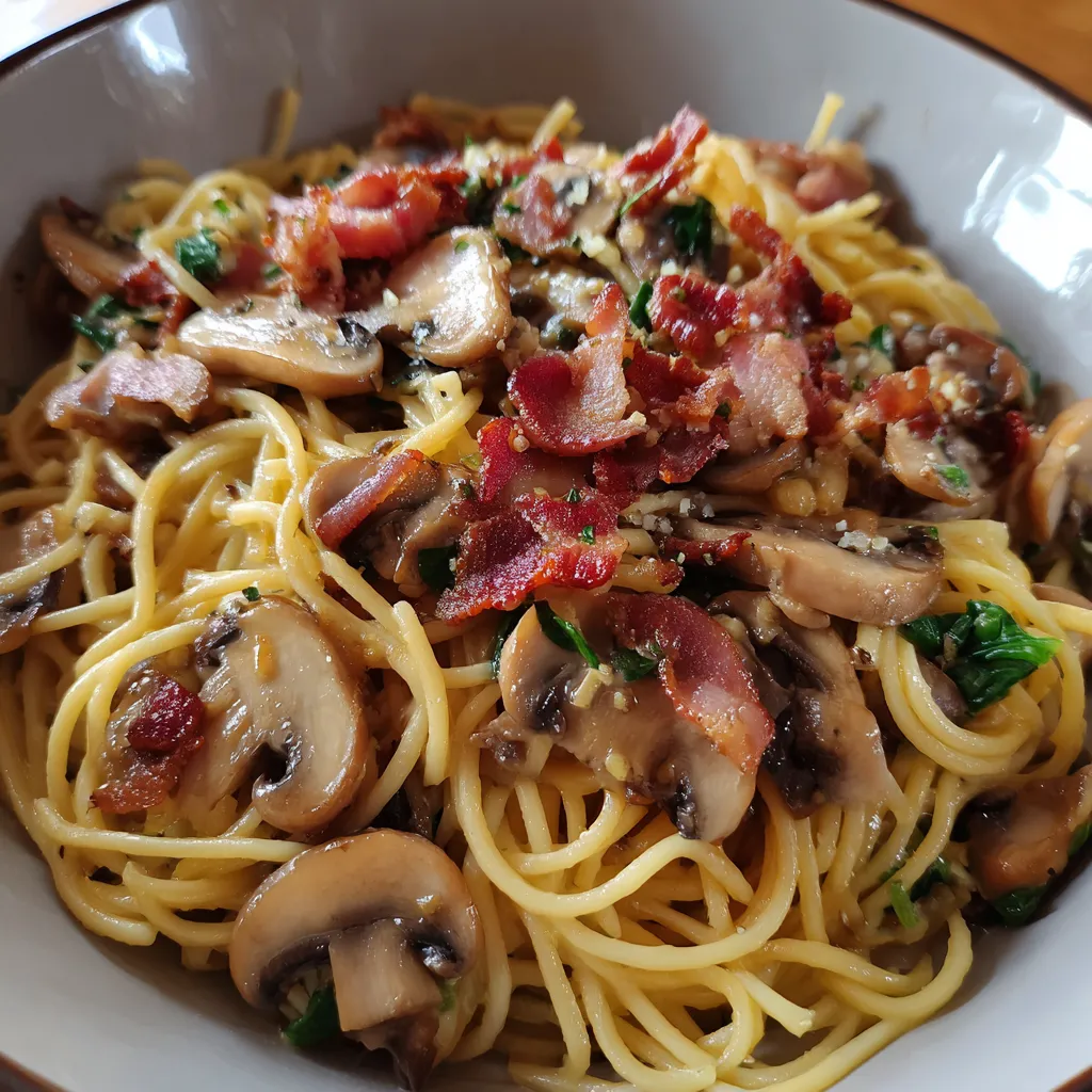A bowl of creamy bacon and mushroom pasta.