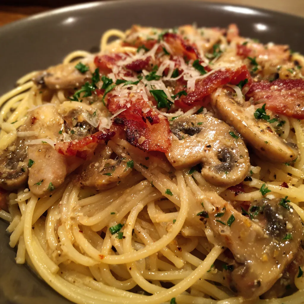 A plate of pasta with mushrooms and bacon.
