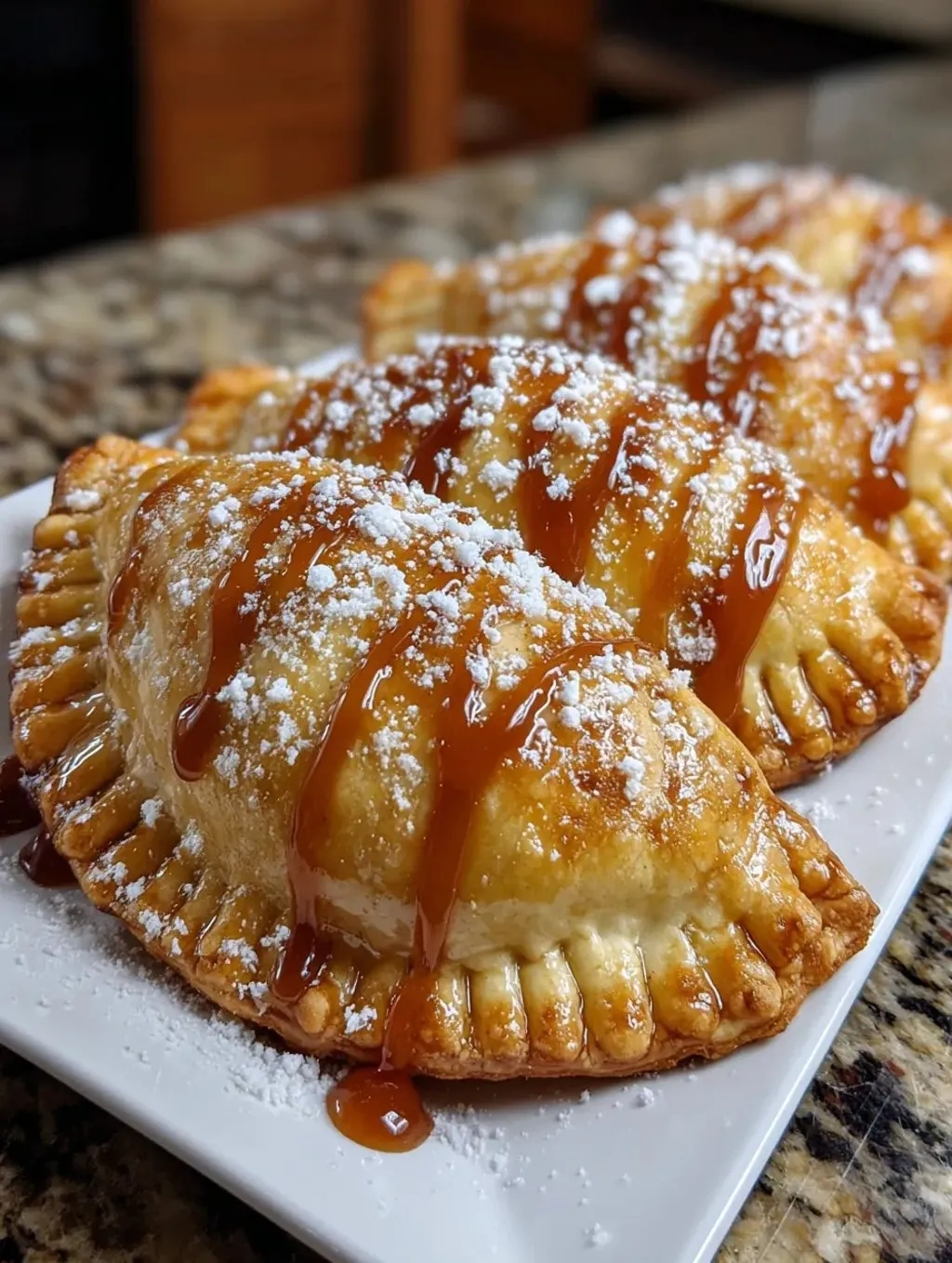 Three air fryer apple hand pies with caramel drizzle.