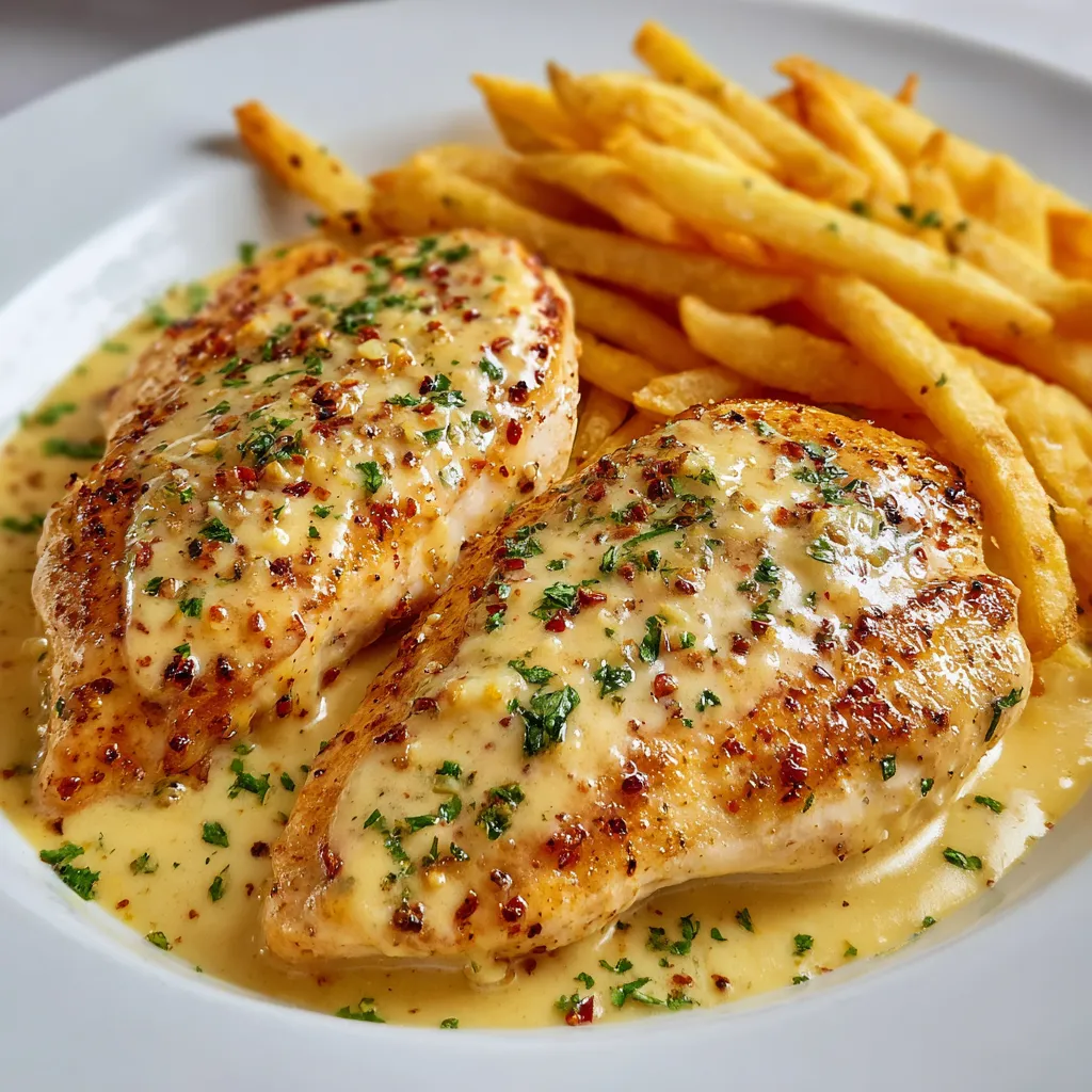 A plate of garlic parmesan chicken with fries.