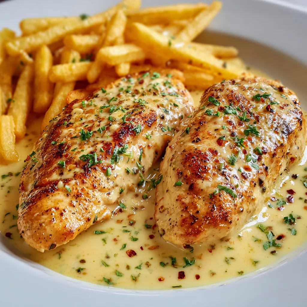 A plate of garlic parmesan chicken with fries.