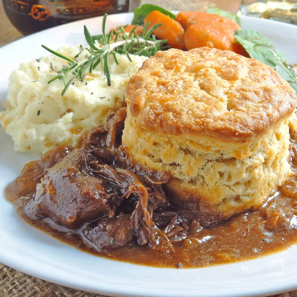 A plate of food with a biscuit topping.
