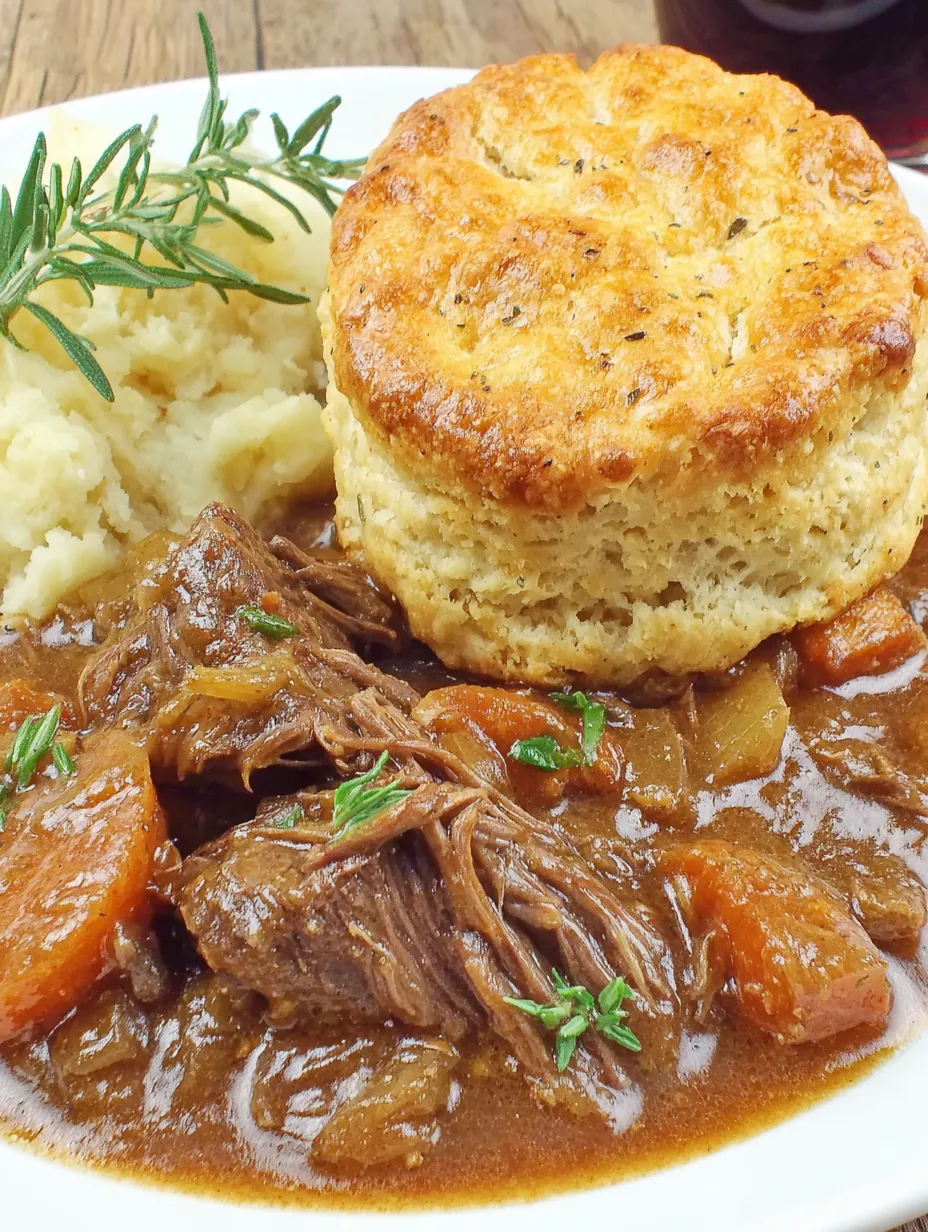 A plate of food with a biscuit on top.