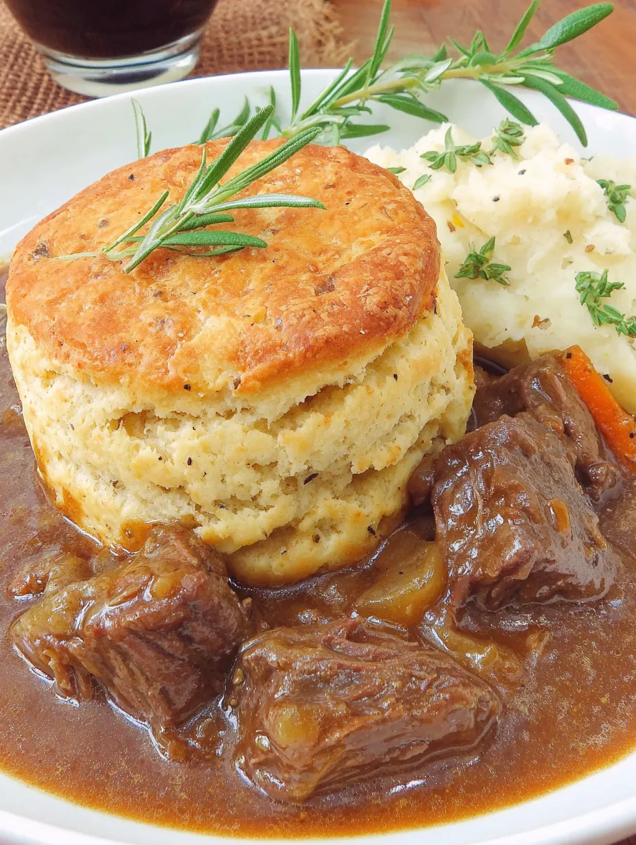 A close up of a delicious braised beef pot pie with biscuit topping.