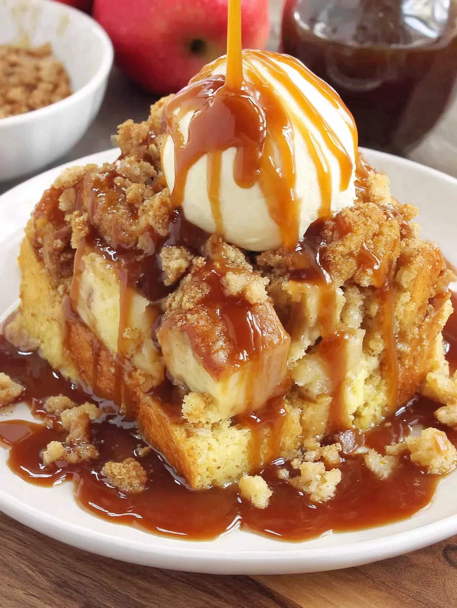 A slice of apple crumble bread pudding with caramel sauce.