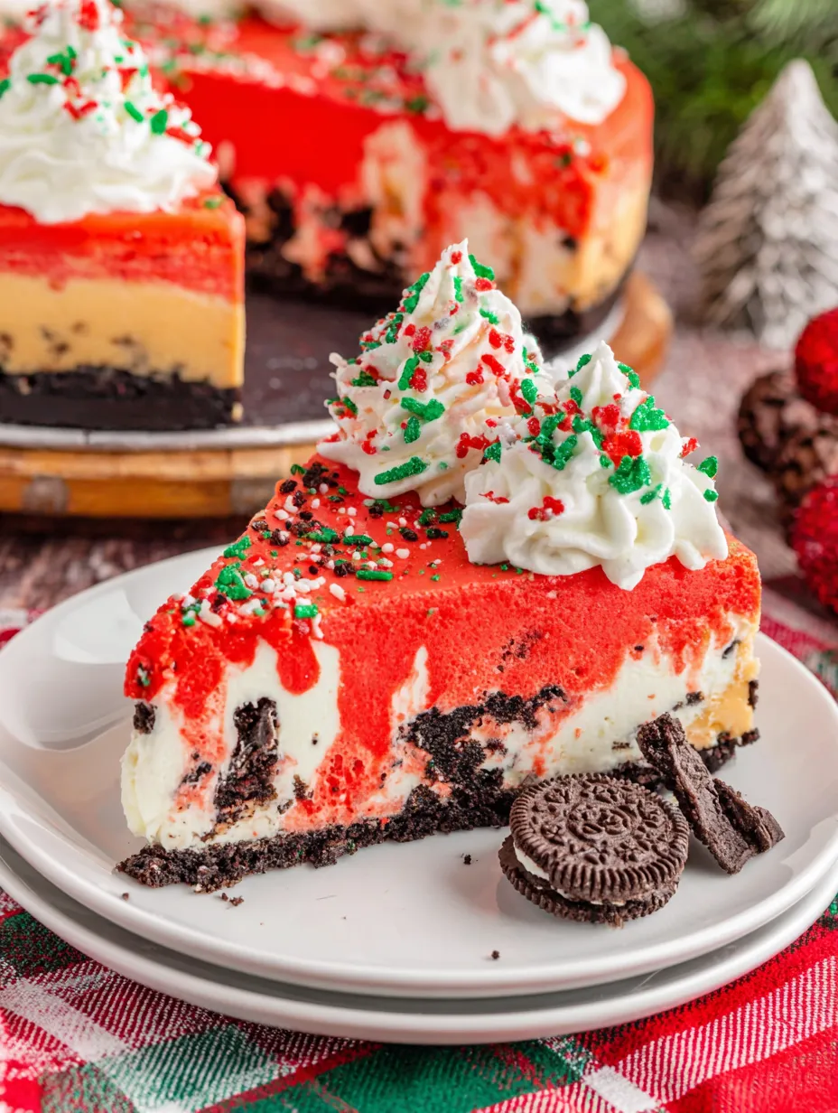 A slice of red velvet cheesecake with white whipped cream and chocolate chips.