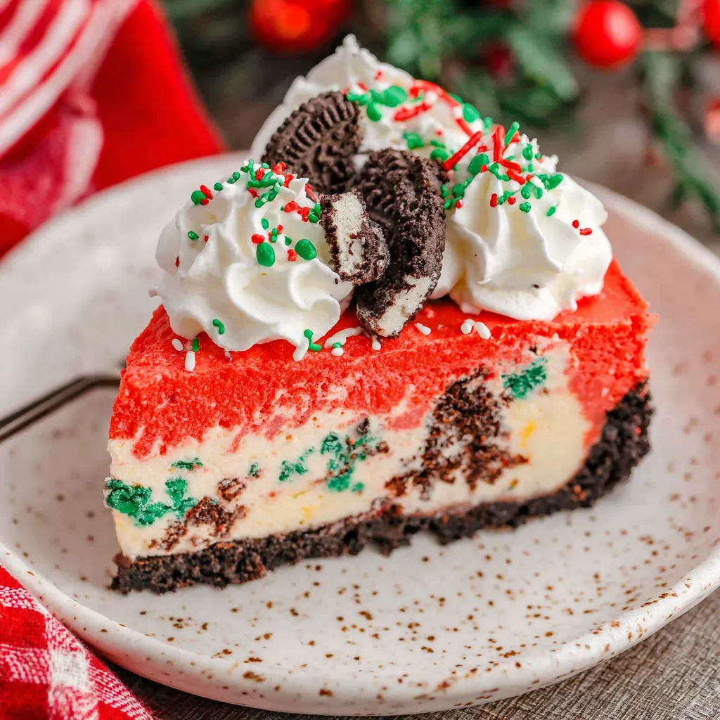 A slice of red velvet cheesecake with white whipped cream and chocolate chips.