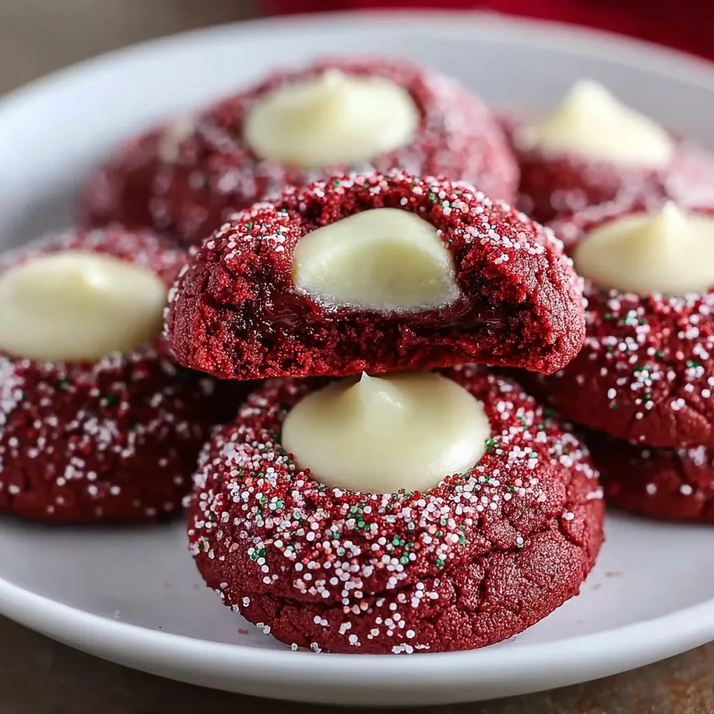 Red velvet thumbprint cookies on a plate.