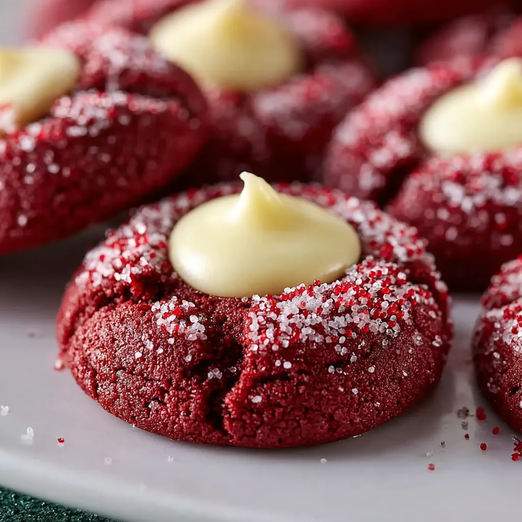Red velvet thumbprint cookies with white icing.