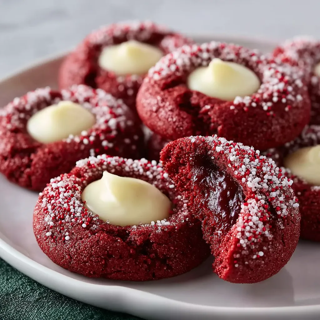 A plate of red velvet thumbprint cookies.