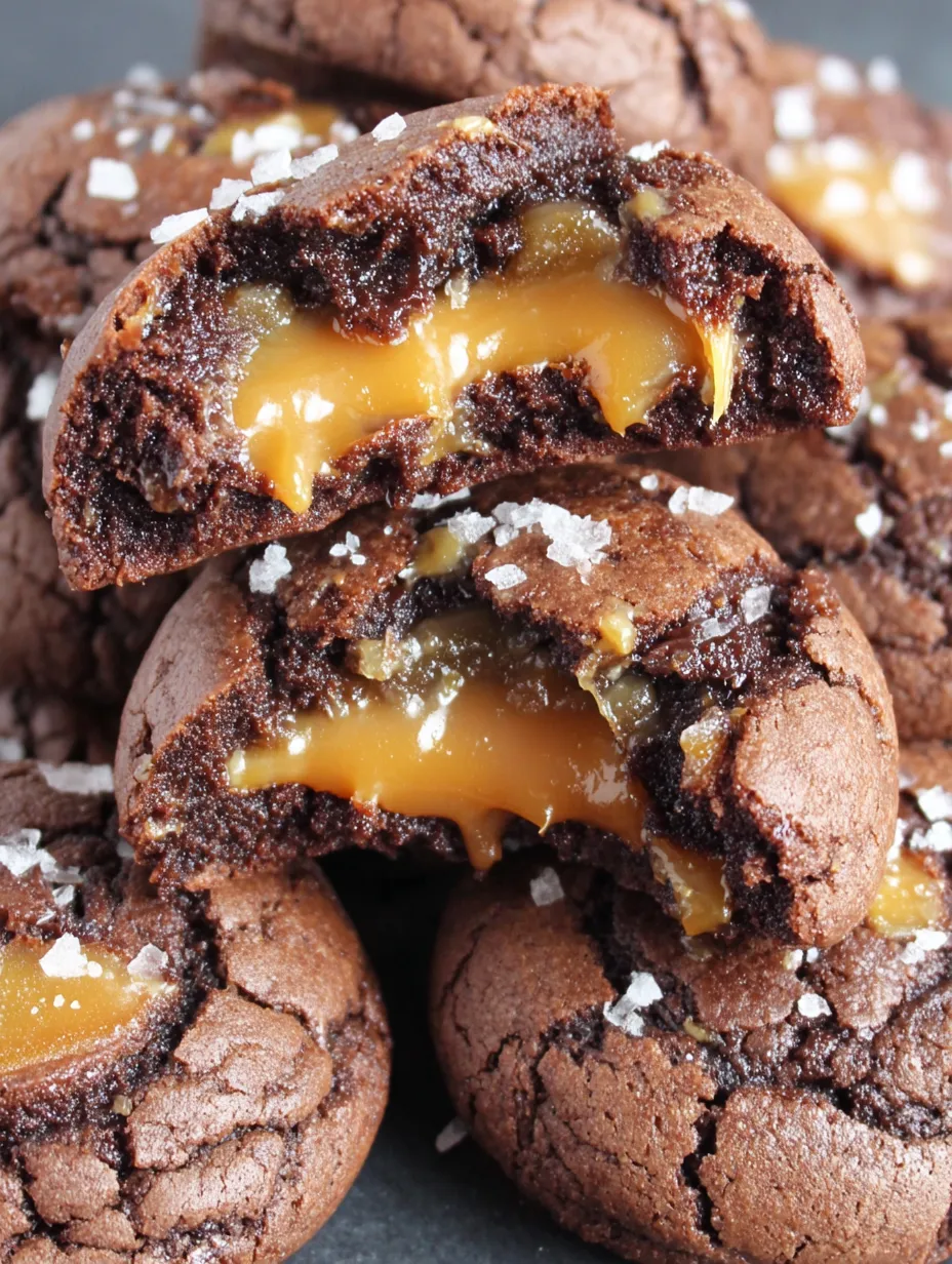 A close up of a caramel stuffed salted chocolate cookie.