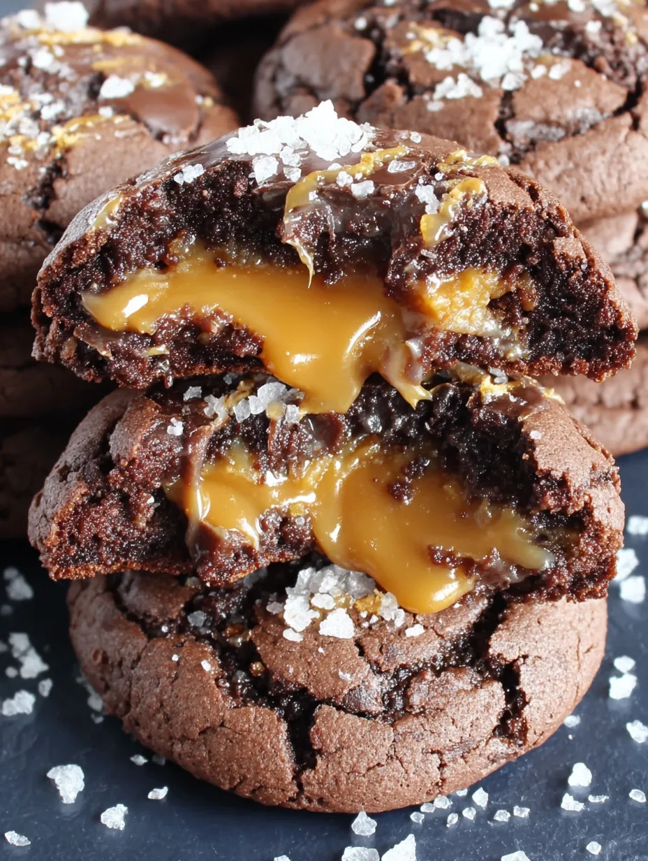 A close up of a chocolate cookie with caramel and salt.
