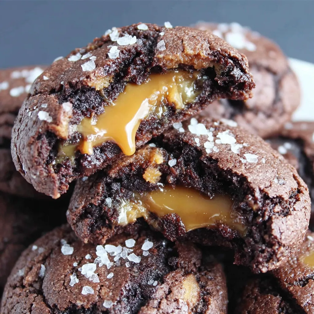 A close up of a chocolate cookie with caramel drizzled on top.