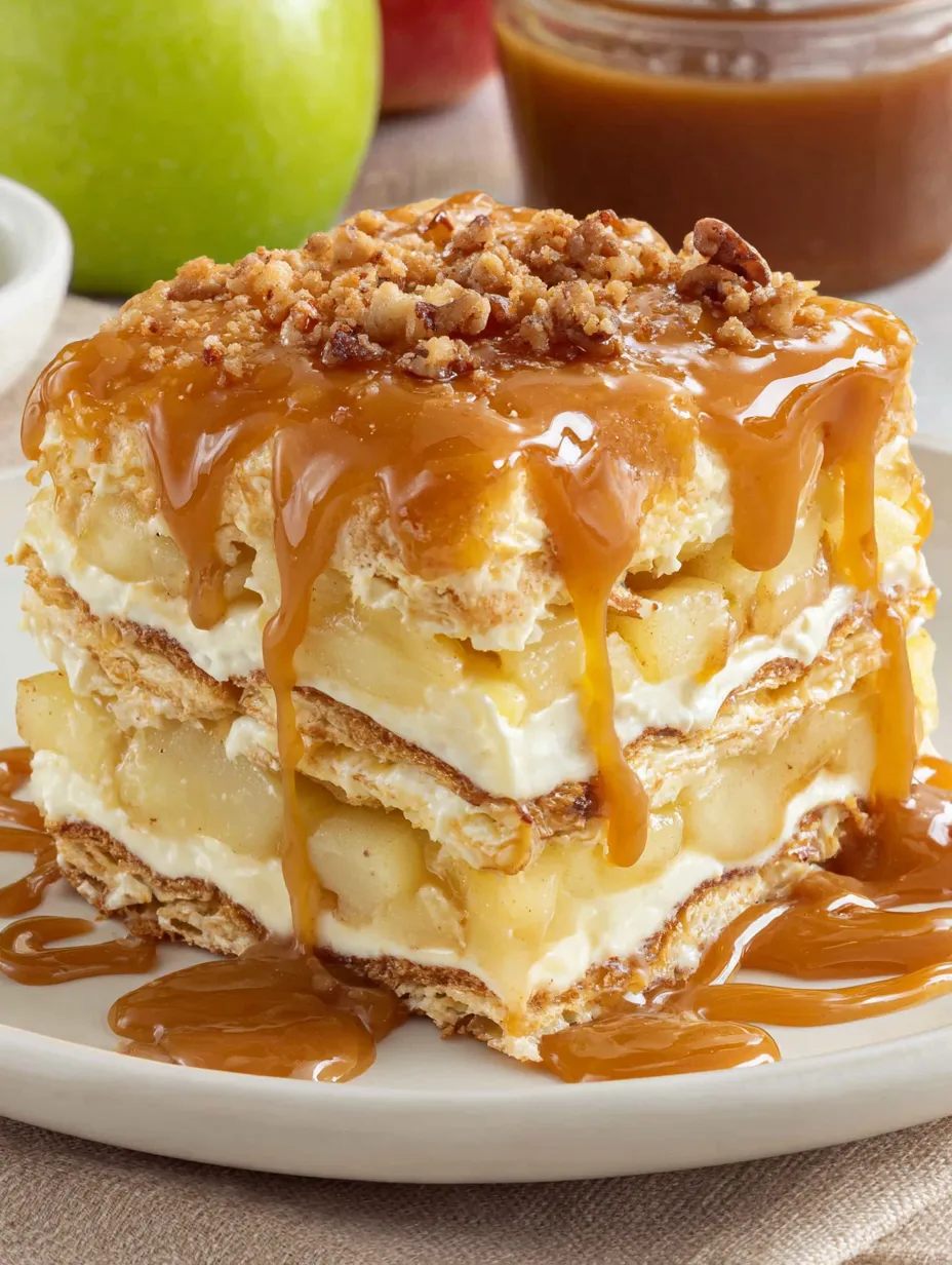 A stack of caramel apple eclair cake.