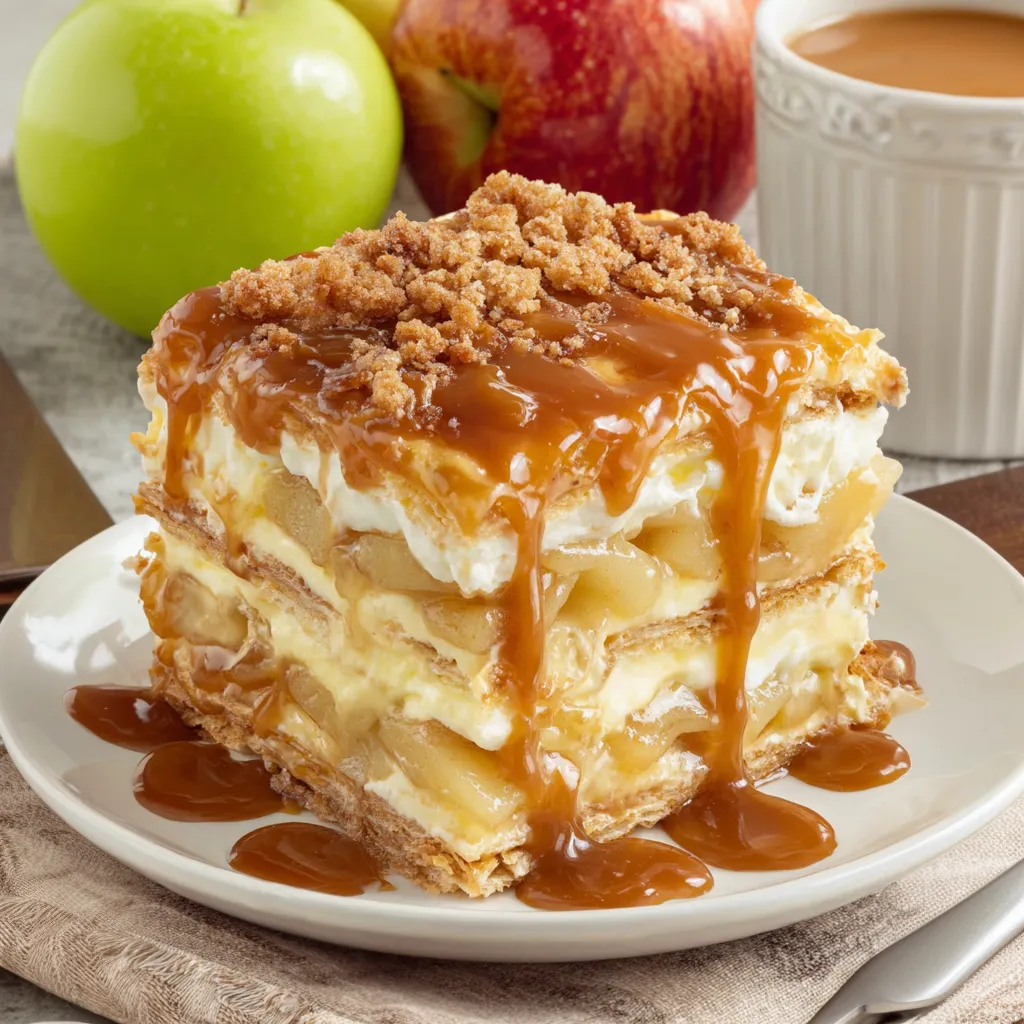 A slice of caramel apple eclair cake.