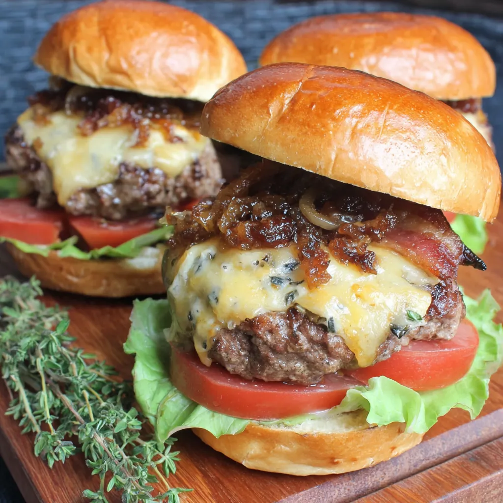 A burger with bacon, tomato, onion, and garlic.