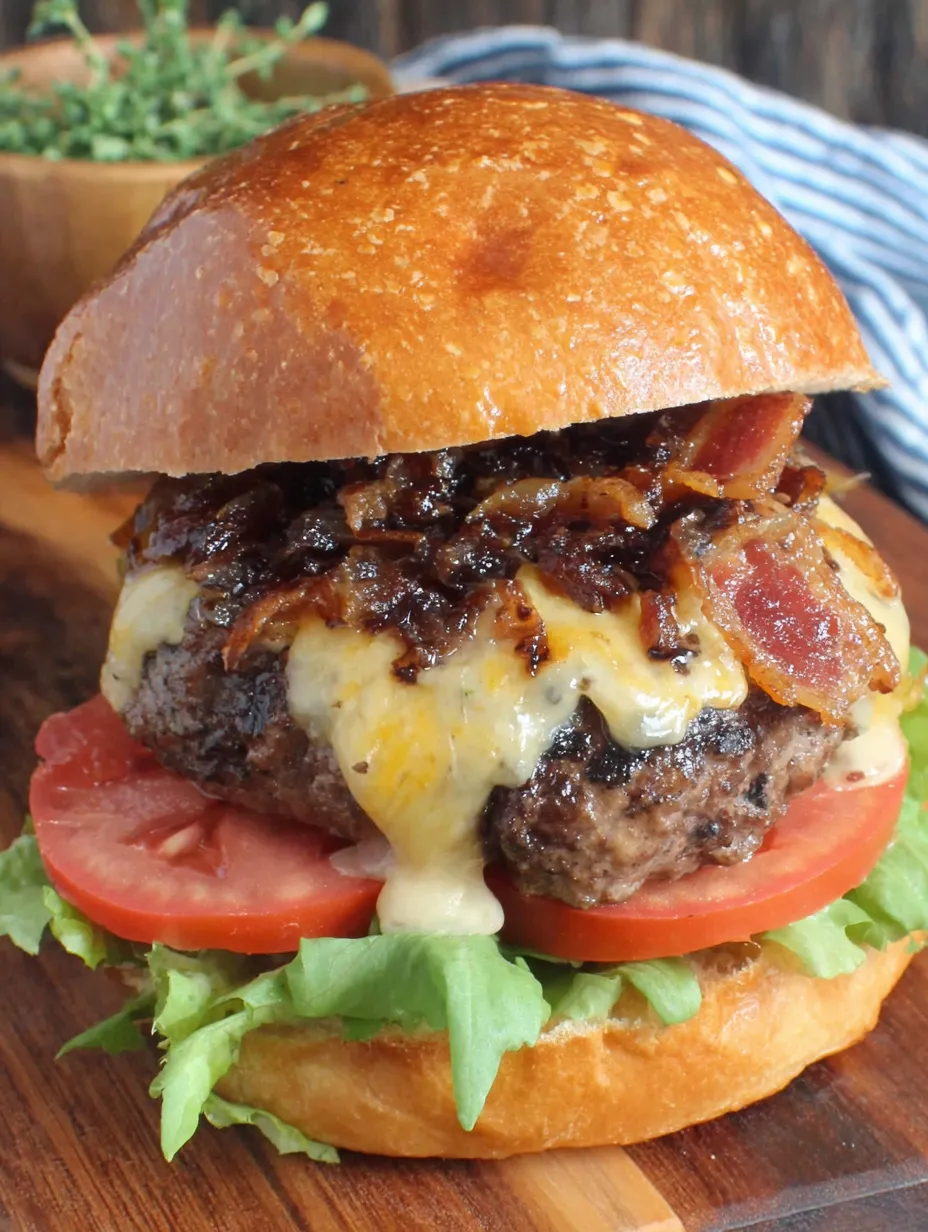 A burger with bacon, tomato, and garlic mayo.