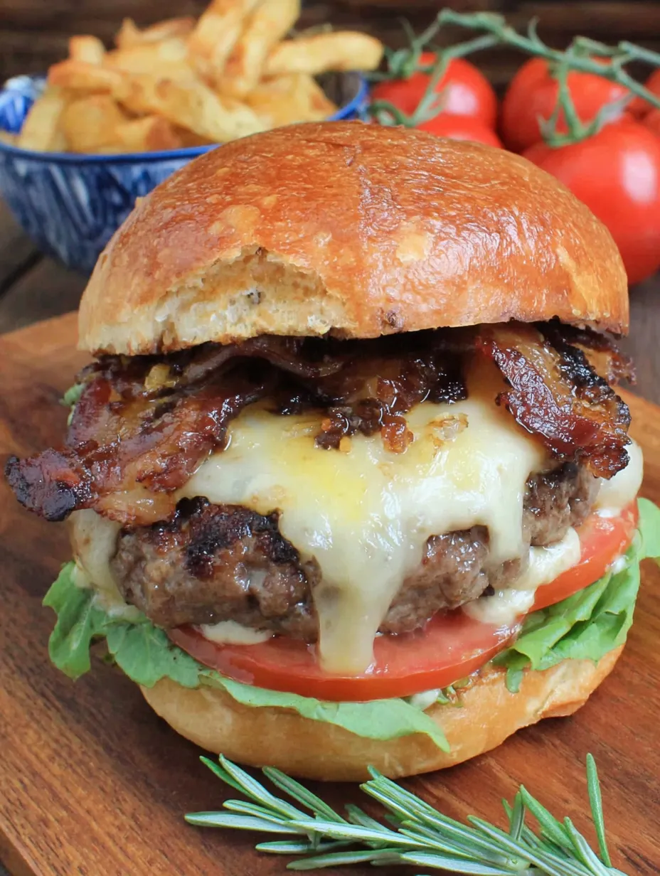 A burger with bacon and tomato on a bun.