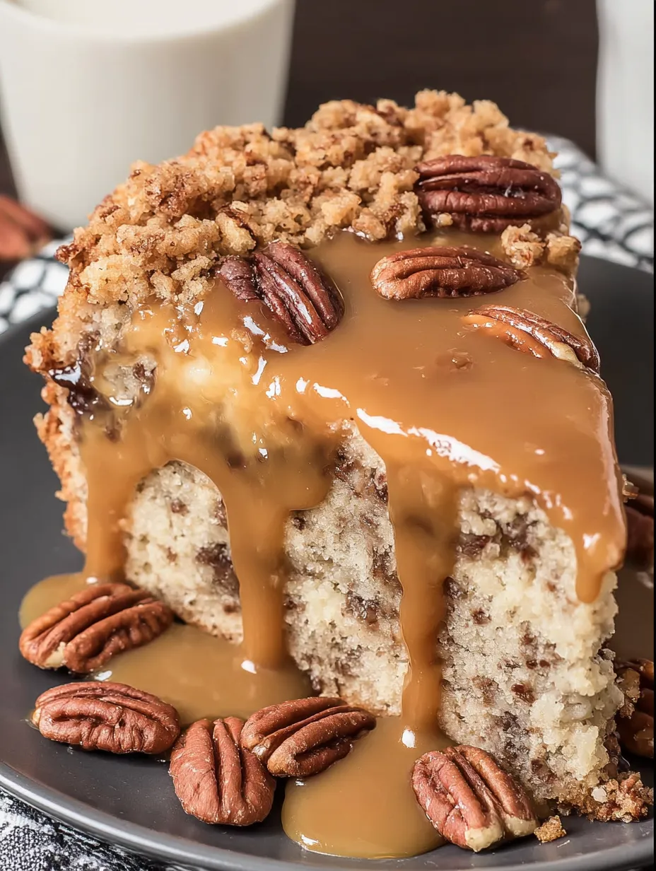 A slice of caramel banana pecan cake.