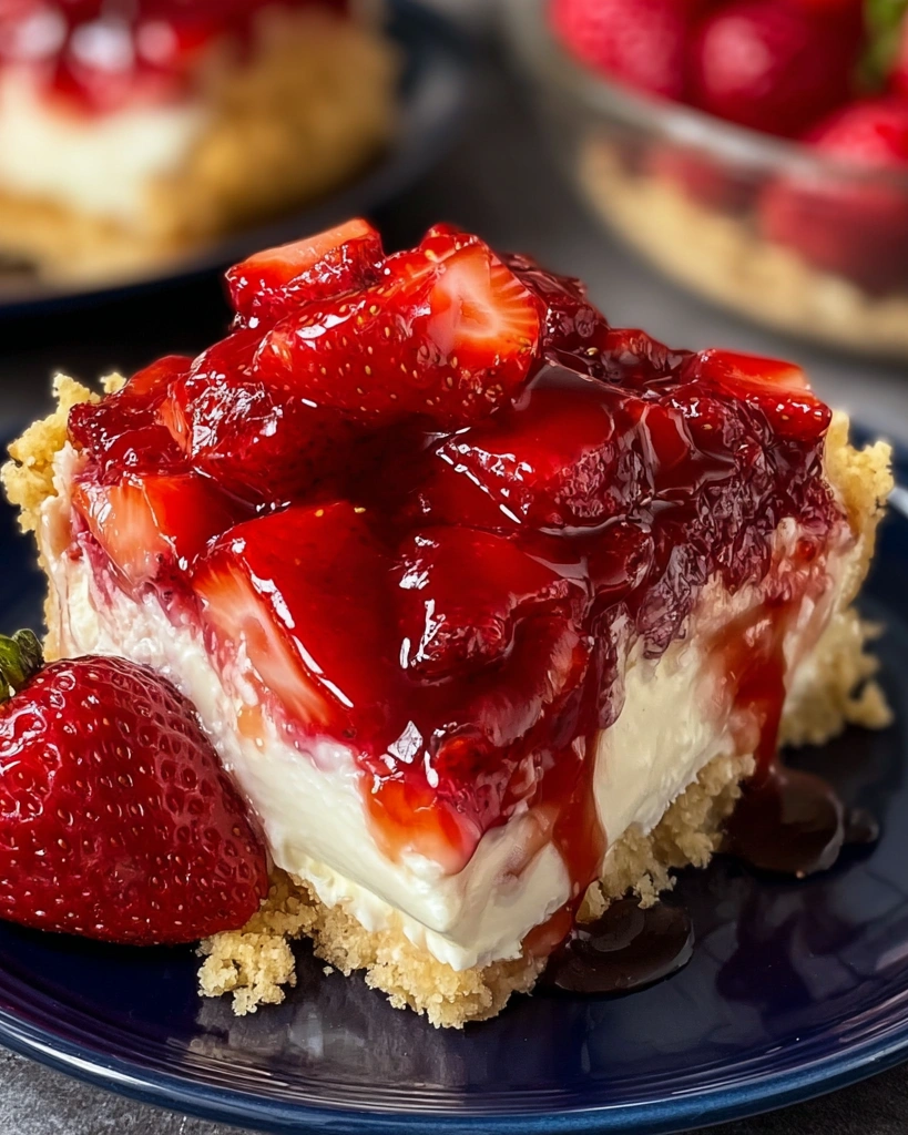 A slice of strawberry cheesecake dump cake.