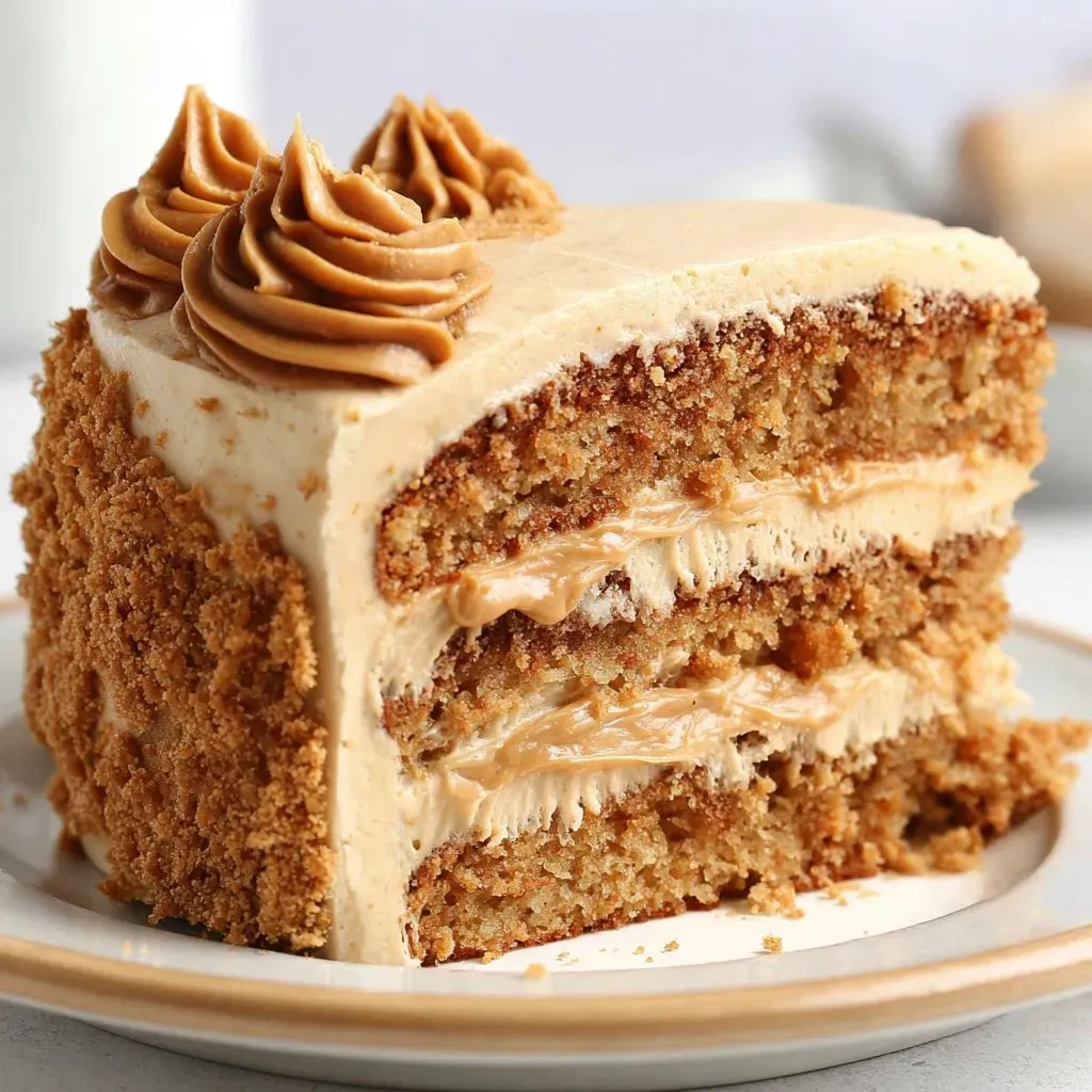 A slice of moist biscoff cake.