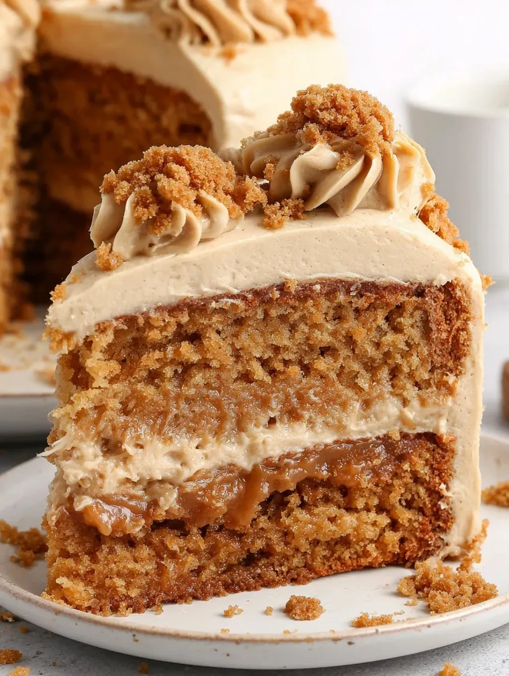 A slice of moist biscoff cake.