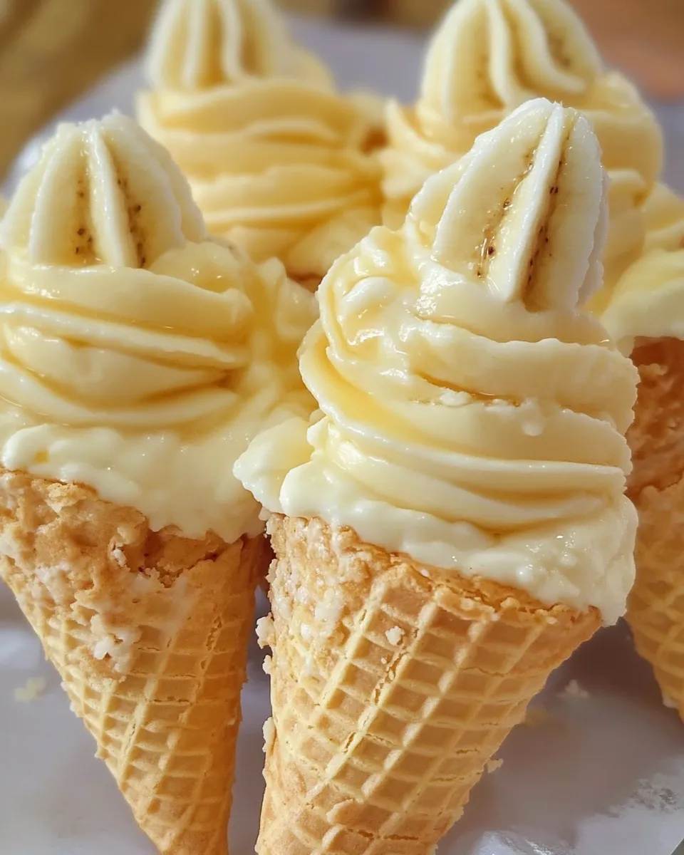 Banana cheesecake cones on a plate.