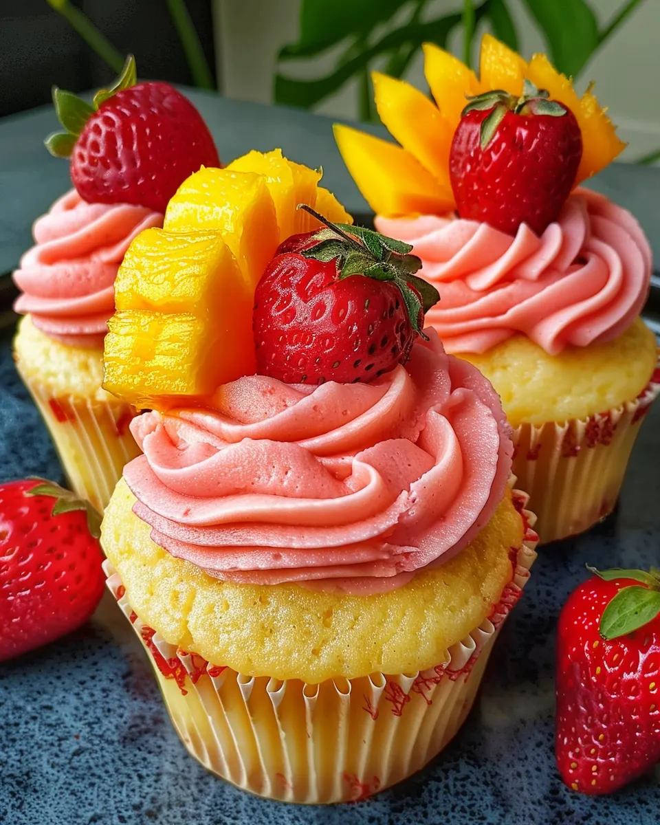 A cupcake with strawberries and pineapple on top.