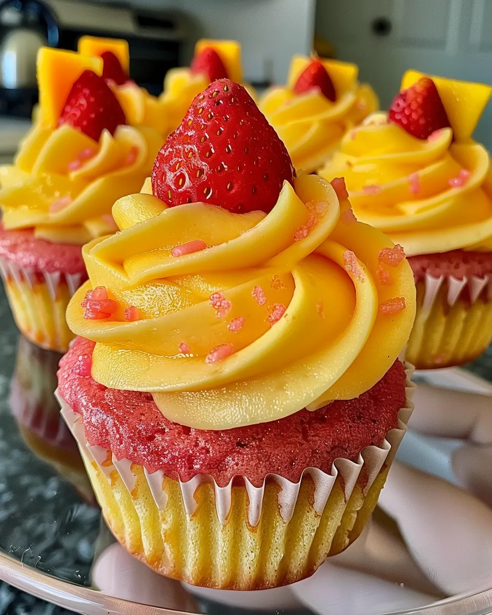 A cupcake with a strawberry on top.