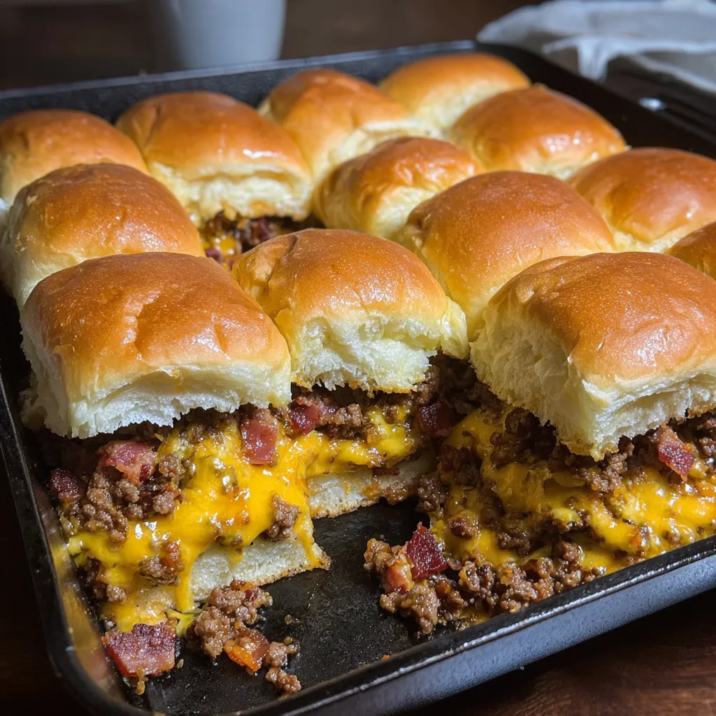 A tray of bacon cheeseburger sliders.
