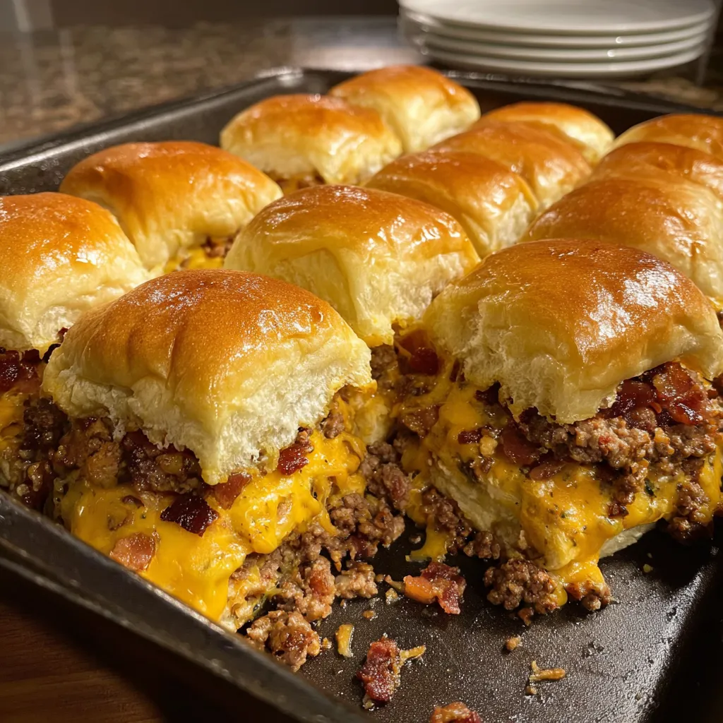 A tray of bacon cheeseburger sliders.