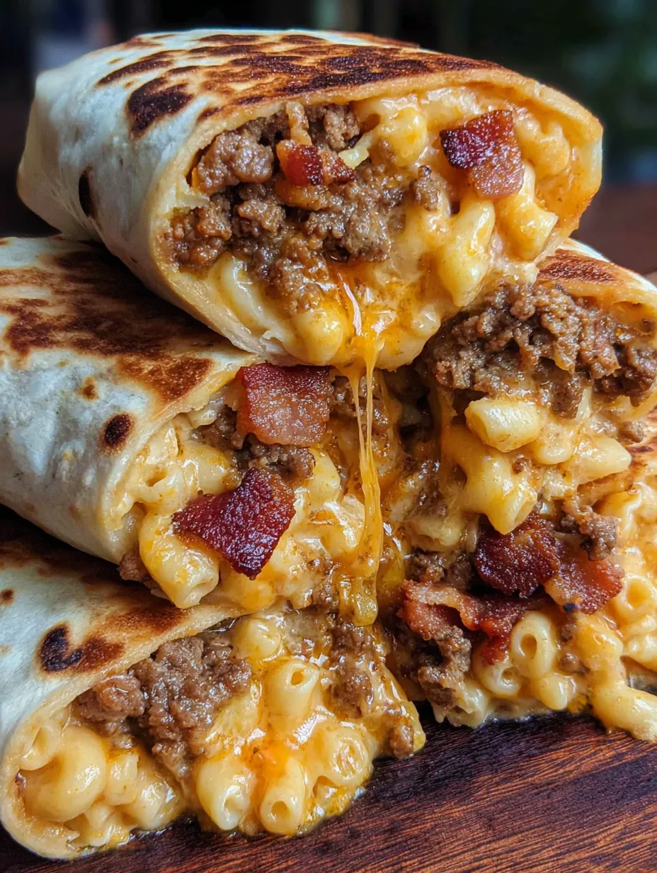 A burger wrap with bacon and mac and cheese.