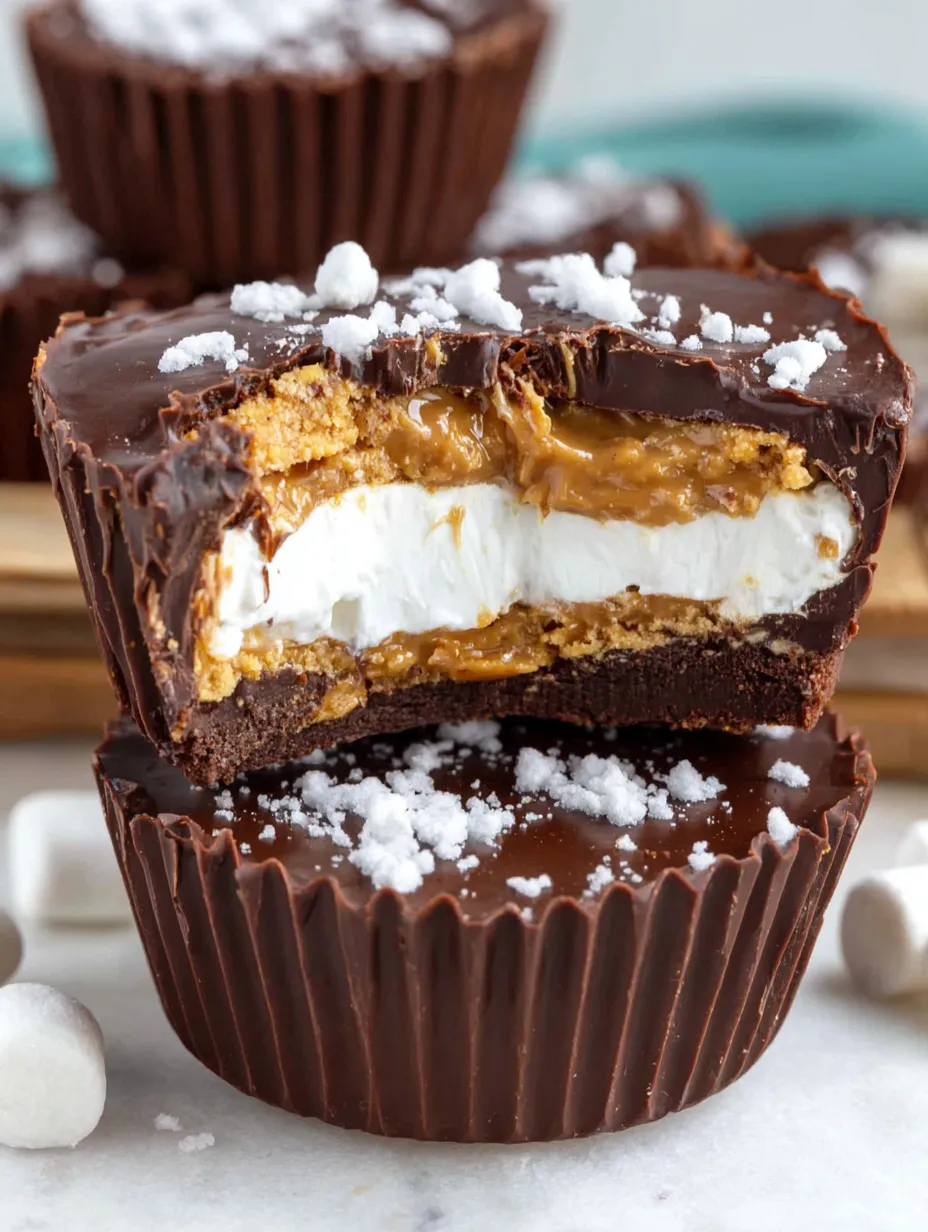 A chocolate cupcake with peanut butter and marshmallows.