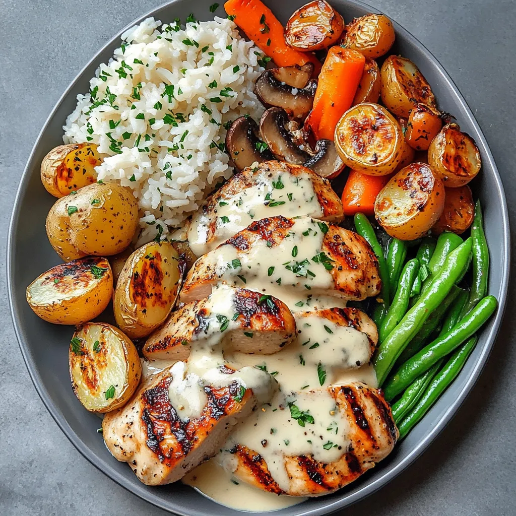 A plate of food with chicken, potatoes, carrots, and mushrooms.