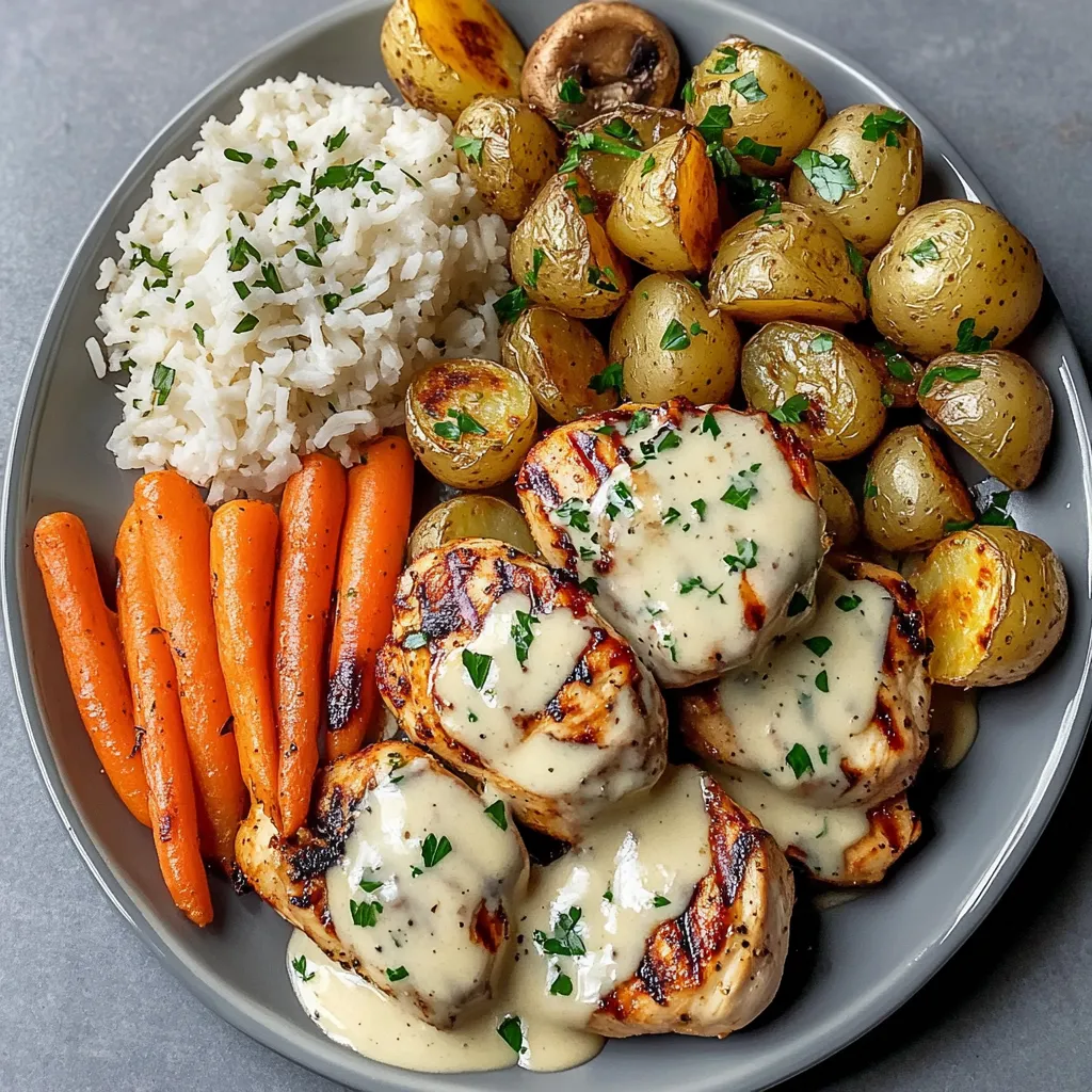 A plate of food with rice, mushrooms, potatoes, carrots, and chicken.