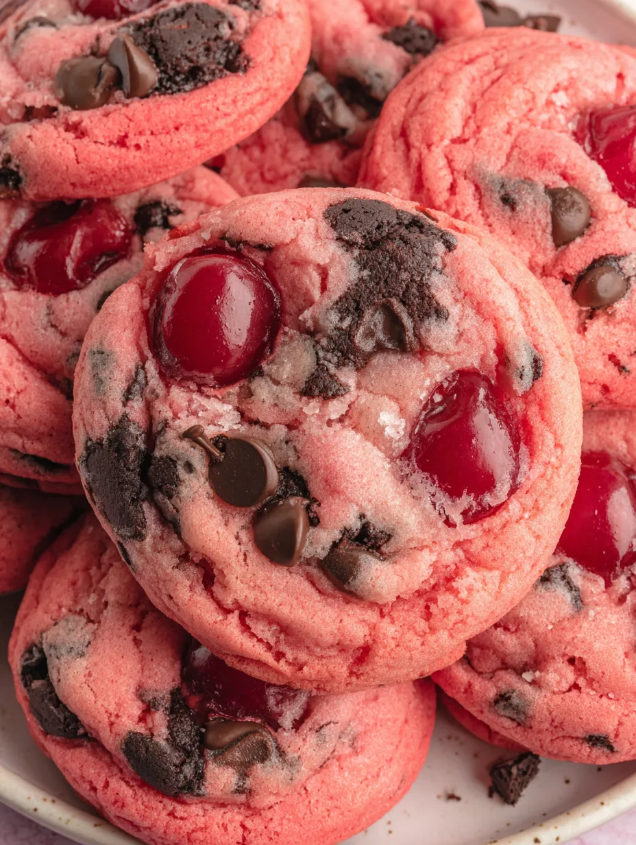 A close up of a cherry chocolate chip cookie.