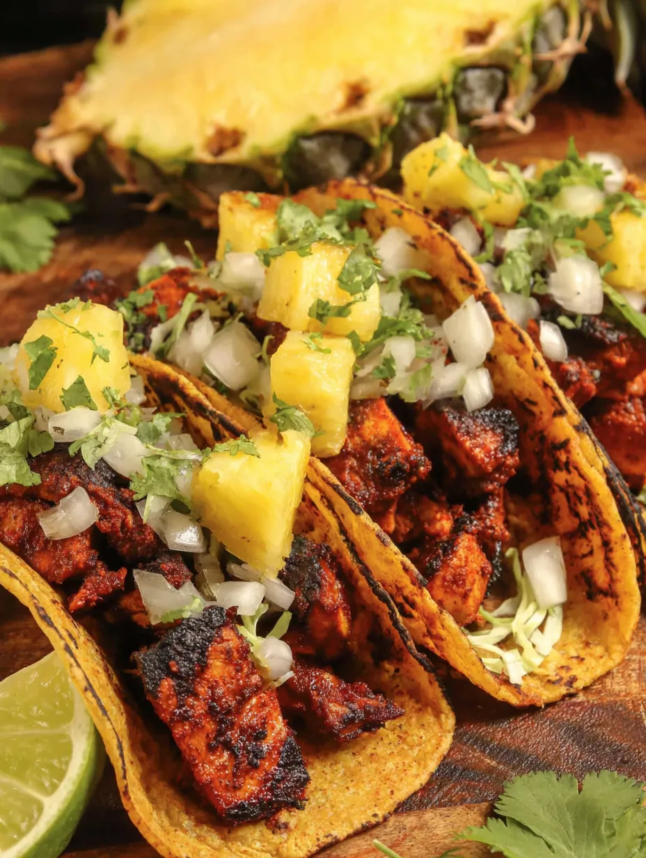 Two tacos with meat and pineapple.