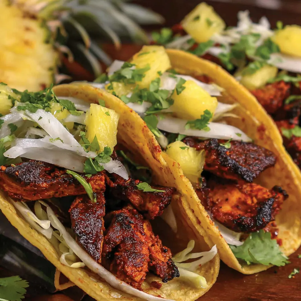 Two tacos with meat and pineapple toppings.