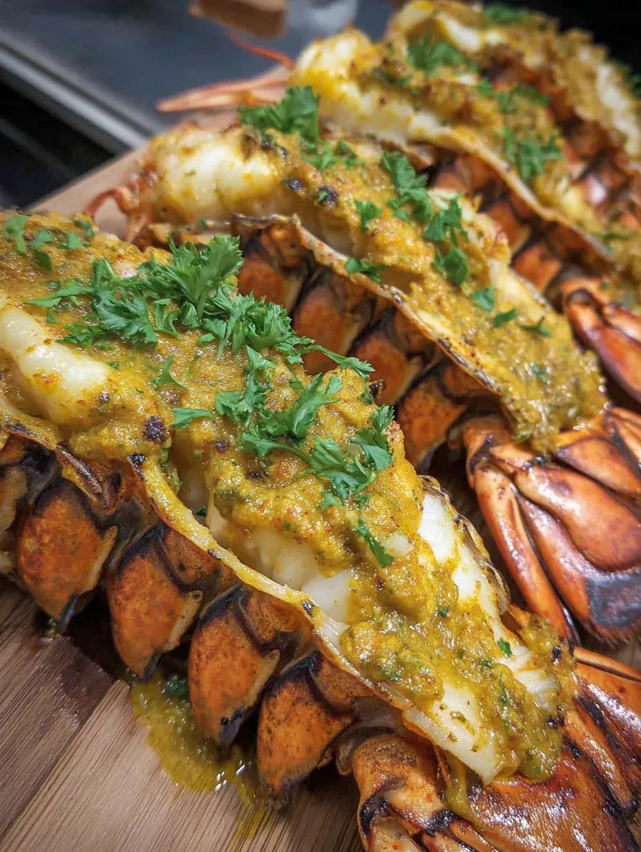 Grilled lobster tails with sauce.