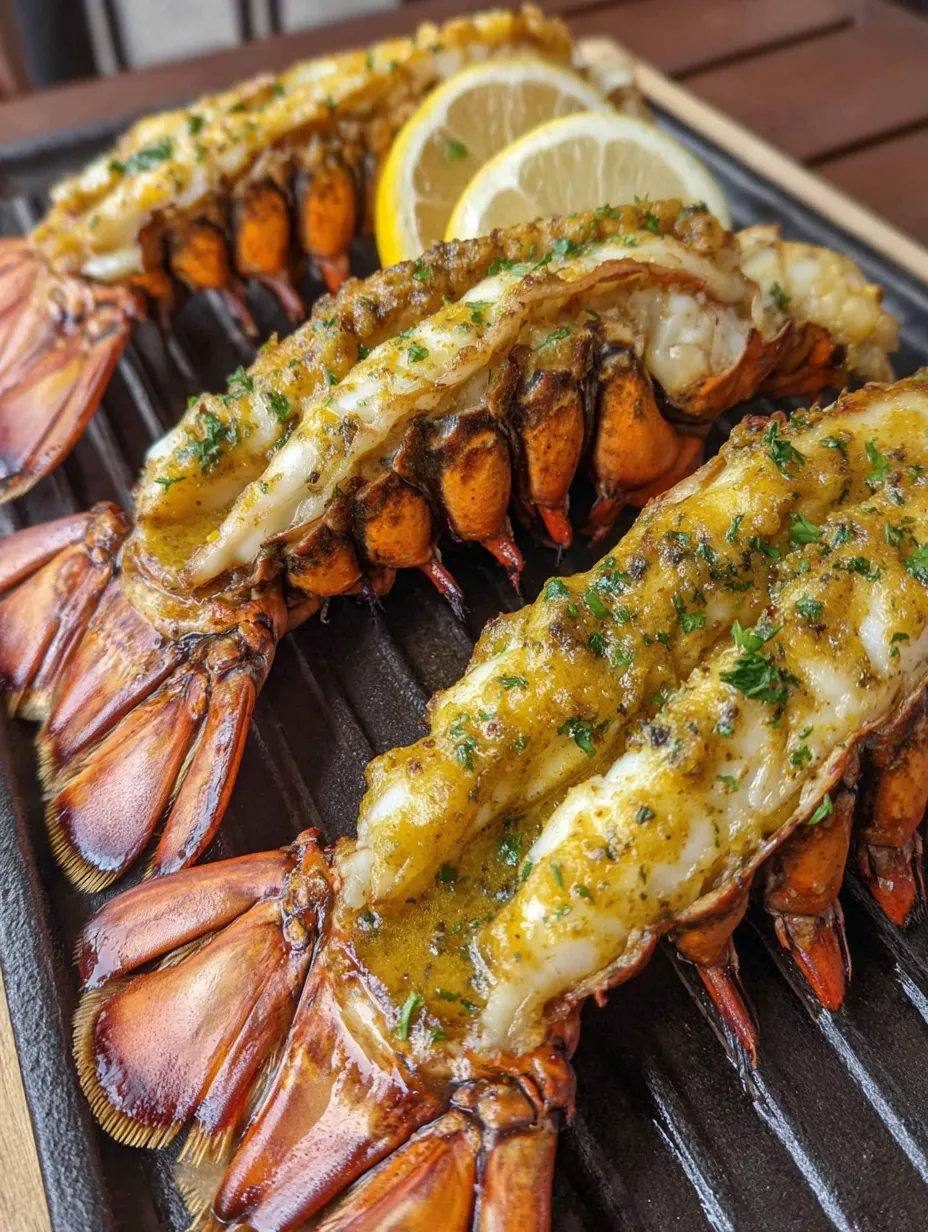 Grilled lobster tails with lemon and herbs.