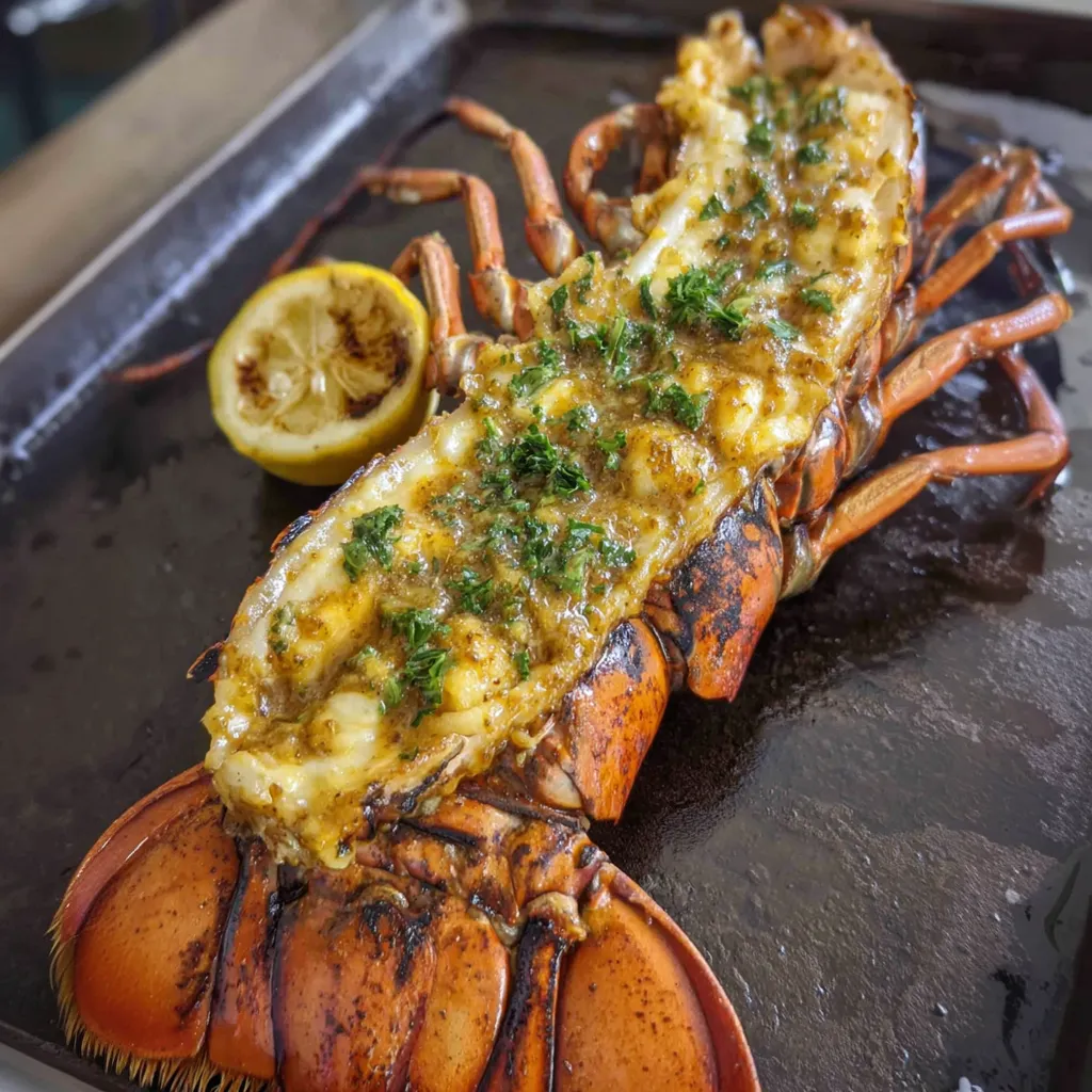 Grilled lobster tails with herbs and lemon.