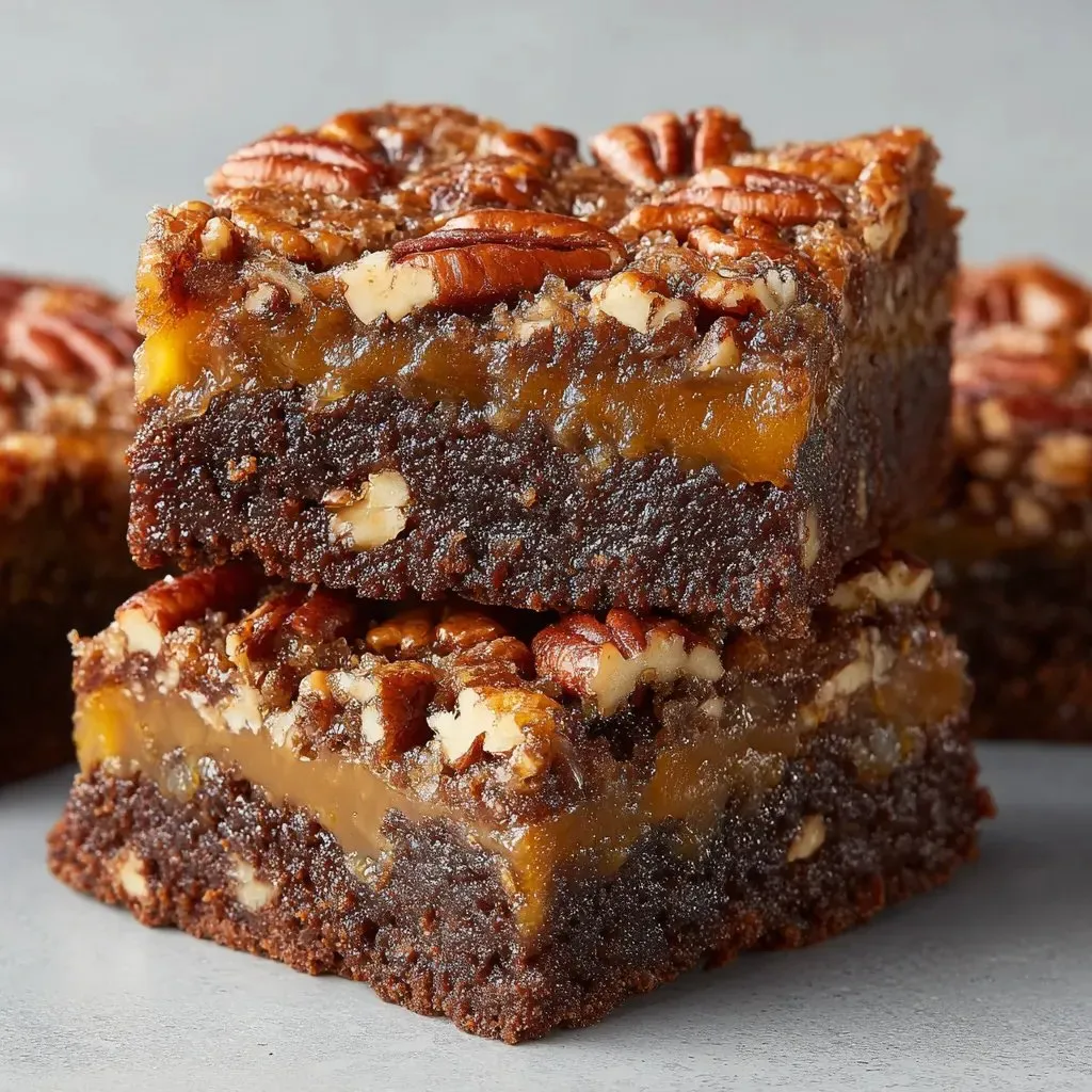 A close up of a delicious pecan pie brownie.
