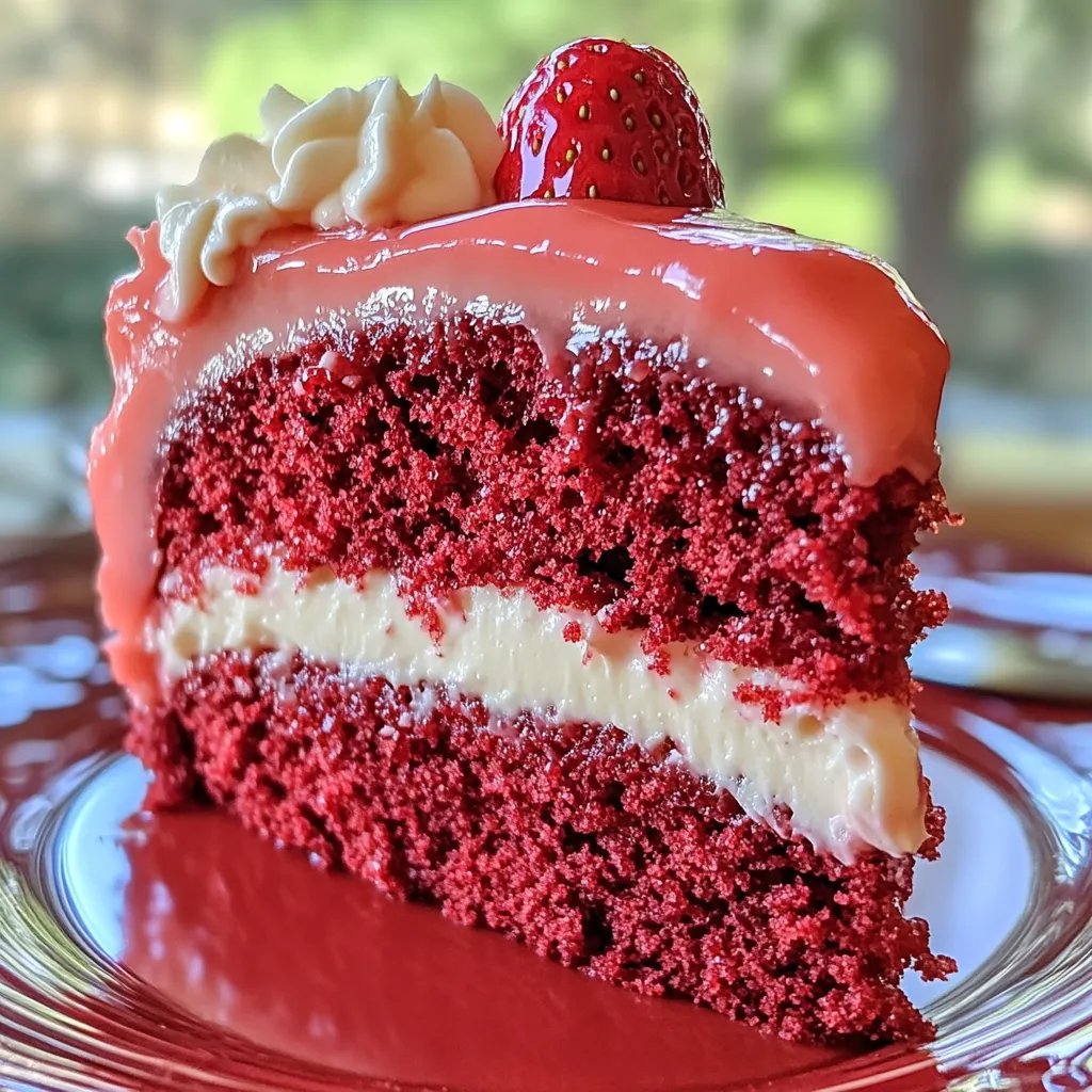 A slice of red velvet cake with white frosting and a strawberry on top.