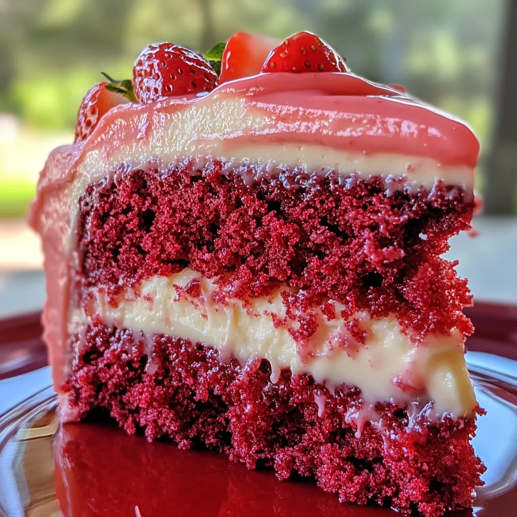 A slice of red velvet cake with strawberries on top.
