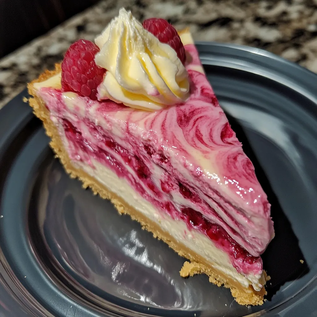 A slice of raspberry cheesecake with a dollop of whipped cream on top.