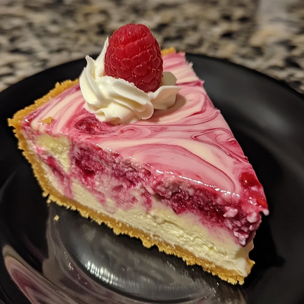 A slice of raspberry cheesecake on a plate.