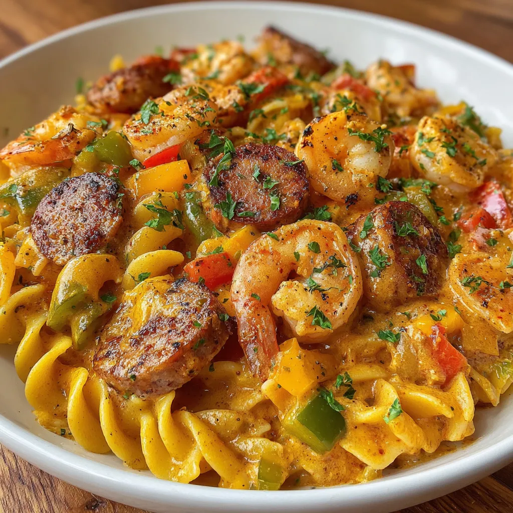 A plate of pasta with shrimp and peppers.