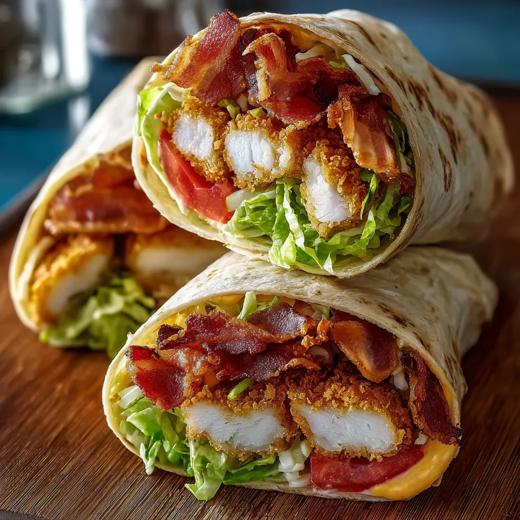 A crispy chicken club wrap with bacon and lettuce.